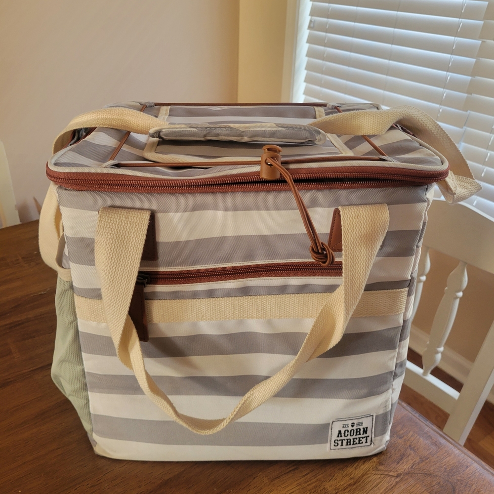 Acorn Street Gray & White Striped Insulated Tote